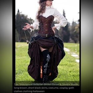 Victorian Steampunk Brown Satin Corset with Double Bustle Skirt